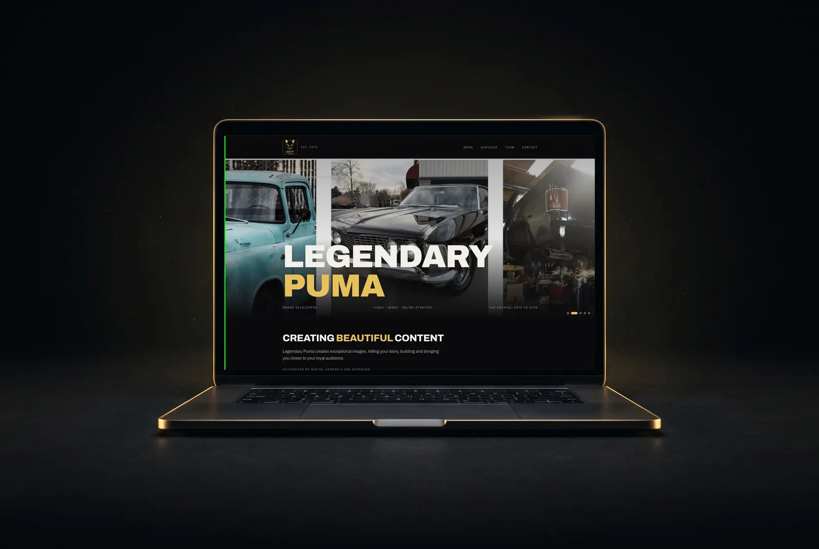 legendarypuma.com displayed on a gold-lit laptop